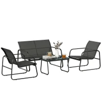 Outsunny 4‑teiliges Gartenmöbel-Set mit 2‑Sitzer-Sofa, 2 Sesseln, Tisch mit gehärtetem Glas, Textilene, Dunkelgrau(m-7)