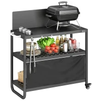 Outsunny Grillwagen Mobiler Garten-Servierwagen mit Windschutz 3 Ebenen Oxford-Vorhang 100x46x110cm Schwarz(m-8)