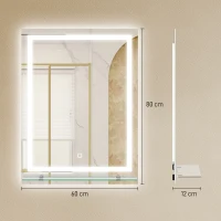 kleankin Miroir pour Salle de Bain 60x80 cm avec 3 Couleurs de Lumière Étagère en Verre Fonction Mémoire et Interrupteur Tactile Argent(m-3)