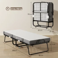 HOMCOM Pat pliant 1 persoană 200 x 80 cm cu saltea, pat de rezervă pliant și portabil pe roți, cadru din oțel, alb(m-3)