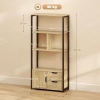 HOMCOM Libreria Stile Industriale con 3 Ripiani, Armadietto con Anta e 2 Cassetti, Effetto Legno Naturale, 58x24x122 cm, Nero(m-3)