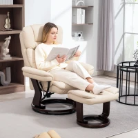 HOMCOM Poltrona da salotto con poggiapiedi, Sedia girevole in PU con schienale reclinabile e seduta imbottita, 86x83x107 cm, crema(m-2)