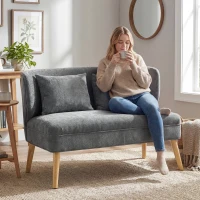 HOMCOM Canapé 2 places, petit canapé en chenille avec dossier à oreilles, assise épaisse, pieds en bois d'hévéa, gris(m-2)