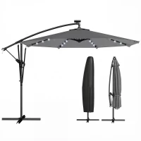 Outsunny Umbrelă Excentrică cu Lumină LED Solară 330x295 cm Umbrelă cu Bază Încrucișată Manivelă Husă Protectoare Gri Închis(m-7)