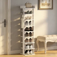 HOMCOM Estante para Sapatos 9 Níveis Organizador de Sapatos em Madeira com Bandeja Superior e 2 Ganchos, para Entrada, Branco(m-5)