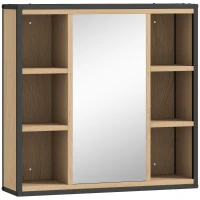 HOMCOM Specchiera bagno da parete con 6 scomparti e ripiano regolabile, Rovere(m-1)