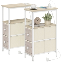 HOMCOM Lot de 2 Tables d'Appoint Étroites avec Prise CA Port USB Port USB-C 2 Tiroirs en Tissu Bois naturel