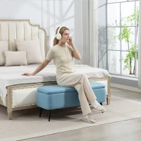 HOMCOM Banc de rangement avec couvercle rabattable et pieds en acier pour chambre salon entrée 101x38,5x44,5 cm Bleu clair(m-4)