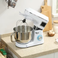 HOMCOM Mixer planetar 6 L 1400 W cu cap înclinat 6 viteze Funcție de fermentare Ecran LED Alb(m-5)