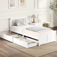 HOMCOM Cadre de lit simple, cadre en bois, tiroirs sur roulettes, pas de sommier nécessaire, 90 x 200 cm, Blanc(m-2)