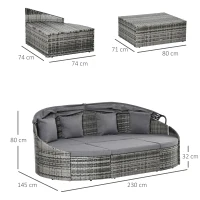 Outsunny Isola relax in rattan 4 pezzi con tendalino e cuscini, 230x145x80 cm, Grigio(m-3)