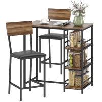 HOMCOM Table de Bar à 3 Étagères et 2 Tabourets avec Repose-pieds et Dossier, en Bois et Acier, Noir et couleur Noyer