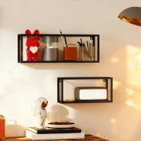 HOMCOM Lot de 2 étagères murales, capacité 15 kg, pour montage mural, acier, noir(m-4)