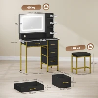 HOMCOM Schminktisch mit Spiegel LED-Licht Ladestation Hocker Ladestation 4 Schubladen Schwarz(m-3)