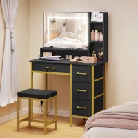 HOMCOM Schminktisch mit Spiegel LED-Licht Ladestation Hocker Ladestation 4 Schubladen Schwarz(m-5)