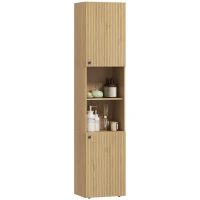HOMCOM Armoire haute de salle de bain, 6 niveaux, 2 placards, 2 étagères ouvertes, compartiments ouverts, bois, couleur chêne(m-1)