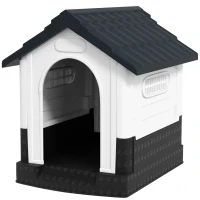PawHut Mini-Hundehütte für den Außenbereich aus Kunststoff mit 3 Fenstern, erhöhte Basis, geneigtes Dach, 64,5x57x66 cm, Dunkelgrau(m-6)