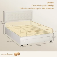 HOMCOM Doppelbettgestell mit Gaslift-Stauraum, rollengestützte Schublade, verstellbares geknöpftes Kopfteil mit Samtoptik, Creme(m-3)