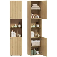 HOMCOM Armoire haute de salle de bain, 6 niveaux, 2 placards, 2 étagères ouvertes, compartiments ouverts, bois, couleur chêne(m-6)