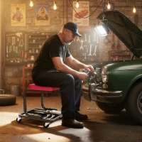 HOMCOM Mechanikerhocker, mobiler Werkstatthocker, Traglast 135 kg, Ablagefach für Werkzeuge, Rollen inklusive, 36,5 x 33,5 x 35 cm, rot(m-4)