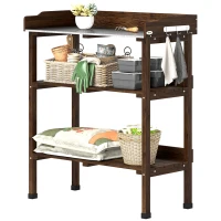 Outsunny Masă de grădină din lemn cu suprafață metalică, rafturi și cârlige pentru grădină, terasă 76x37x89 cm Carbonizat(m-7)