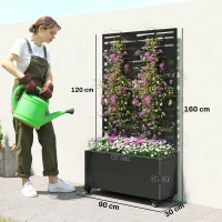 Outsunny Jardinieră cu spalier, cuvă din metal pentru flori cu panou pentru intimitate și roți, spalier decupat în lamele, 90x30x160cm, negru(m-3)