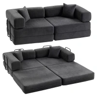 HOMCOM Klappbares 2‑Sitzer‑Schlafsofa mit Chenille‑Bezug, dick gepolstert, breite Armlehnen, 2 Kissen, Dunkelgrau(m-7)