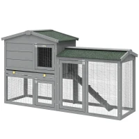 PawHut 2-stufiger Kaninchenstall aus Holz mit Asphalt-Dach, herausnehmbare Schublade und Leiter für außen 150x45x85 cm Grau(m-6)