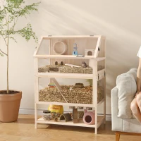 PawHut Cușcă pentru hamster din lemn 3 etaje Cușcă pentru rozătoare cu podea detașabilă Raft Roată Balansoar Rampă Căsuță 80x53x117cm Lemn natural(m-2)