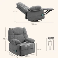 HOMCOM Poltrona Relax Massaggiante con Funzione Reclinabile e Girevole, 4 Tasche Laterali e Telecomando, Grigio Scuro(m-3)