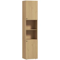 HOMCOM Armoire haute de salle de bain, 6 niveaux, 2 placards, 2 étagères ouvertes, compartiments ouverts, bois, couleur chêne(m-7)