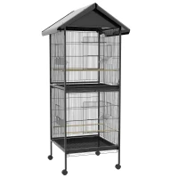 PawHut Voliere auf Rollen mit herausziehbaren Kunststoffschalen und Sitzstangen, aus Metall, 71.8x71.8x170.2 cm, Schwarz(m-1)