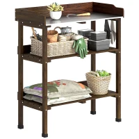 Outsunny Masă de grădină din lemn cu suprafață metalică, rafturi și cârlige pentru grădină, terasă 76x37x89 cm Carbonizat(m-6)