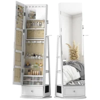 HOMCOM Schmuckspiegel mit LED-Licht Schmuckschrank mit Ganzkörperspiegel 360° drehbar Schublade Schloss Weiß(m-6)