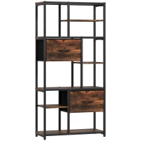 HOMCOM Meuble de rangement, 2 tiroirs en tissu, 9 niches ouvertes, étagère autoportante avec cadre en acier, Marron+Noir(m-7)