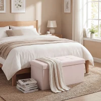 HOMCOM Aufbewahrungs-Pouf, Faltbare Aufbewahrungsbank 84 L 76x38x38 cm Bezogen mit Kunstleinen Aufbewahrungsbox Rosa(m-2)