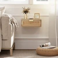 HOMCOM Set de 2 Noptiere Suspendate cu Sertar din Ratan Economisește Spațiu Design Modern 40x30x15 cm Natural(m-5)