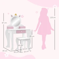 ZONEKIZ Coiffeuse enfant avec tabouret et miroir Coiffeuse pour filles avec tiroir compartiments design licorne blanc(m-3)