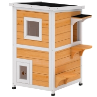 PawHut Außen-Katzenhaus aus Fichtenholz, 2 Ebenen mit aufklappbarem Dach, herausnehmbarem Mittelteil, 51x51x81,3 cm, Natur