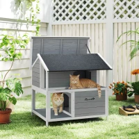PawHut Maison pour chat extérieure, refuge pour chat d'extérieur, étanche, toit rabattable, bois d'épicéa, 80 x 93 x 95, Gris(m-2)