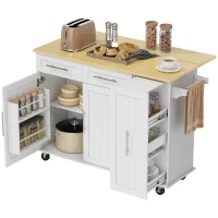 HOMCOM Îlot de cuisine mobile, surface extensible, portes d'armoire, tiroirs, porte-serviettes, chariot de cuisine en MDF, Blanc(m-1)