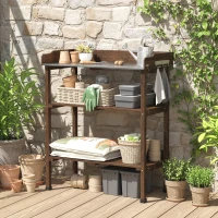 Outsunny Masă de grădină din lemn cu suprafață metalică, rafturi și cârlige pentru grădină, terasă 76x37x89 cm Carbonizat(m-2)
