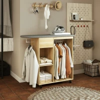 HOMCOM Bügelschrank aus Holz Bügelstation auf Rollen Kleiderstange Regal 125 x 43,5 x 102,5 cm Naturholz(m-4)