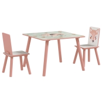 ZONEKIZ Ensemble table et chaises en pin, table avec 2 chaises, motif animal, chambre d'enfant, 3-8 ans, Rose