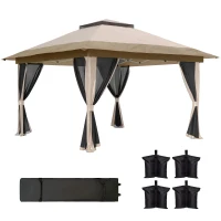 Outsunny Faltpavillon 3,6x3,6 m mit Netzseiten UPF50+ höhenverstellbar Rolltasche und Sandsäcke Beige(m-1)