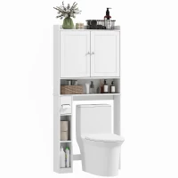 HOMCOM Aufsatzschrank für Toilette oder Waschmaschine, 2 Türen, 3 Fächer, Toilettenpapierhalter, 80x19,5x170cm, weiß(m-8)