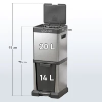 HOMCOM Coș de gunoi 20+14L cu pedală, capac, compartiment basculant, coșuri interioare detașabile, oțel inoxidabil 32,5 x 31,5 x 78 cm Argintiu(m-3)
