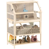 PawHut Cușcă pentru hamster din lemn 3 etaje Cușcă pentru rozătoare cu podea detașabilă Raft Roată Balansoar Rampă Căsuță 80x53x117cm Lemn natural(m-11)