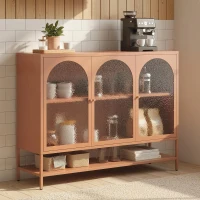 HOMCOM Bufet pentru living, mobilier de depozitare cu 3 uși vitrate arcuite și raft deschis, 140 x 40 x 105 cm, ruginiu(m-5)