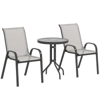 Outsunny Set de grădină 3 piese cu masă rotundă cu blat din sticlă și scaune suprapuse pentru exterior Gri deschis(m-1)